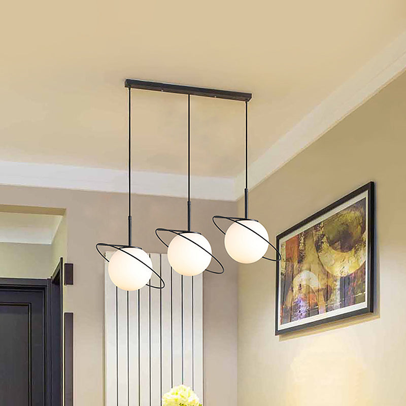 Opal Glass Planet Pendant: Postmodern Matte Black Multi-Light Hanging Lamp Kit For Dining Table 3
