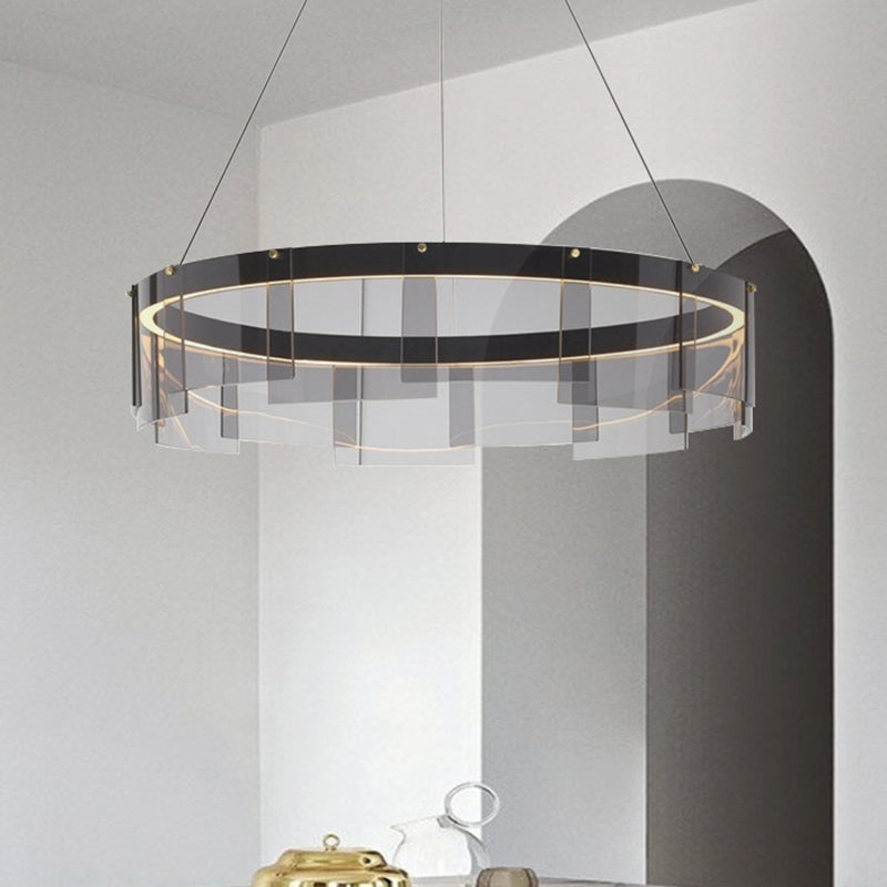 Modernist Smoky Grey Glass Led Pendant Light With Black Circle Design