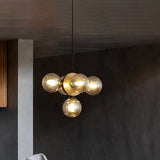 Mid Century White/Amber Glass Chandelier Pendant - Orbs Restaurant Ceiling Lamp 5 Lights Burst