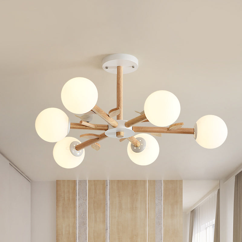 Nordic Wood Radial Chandelier? With White Glass Shade And Bird Decor - Perfect For Bedroom Semi -