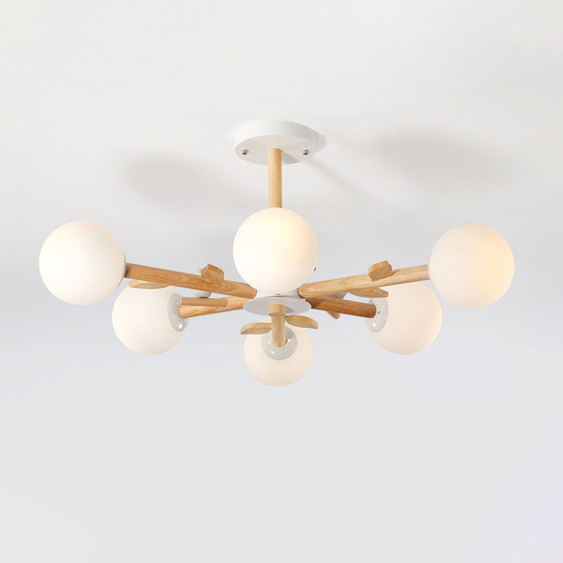 Nordic Wood Radial Chandelier? With White Glass Shade And Bird Decor - Perfect For Bedroom Semi -