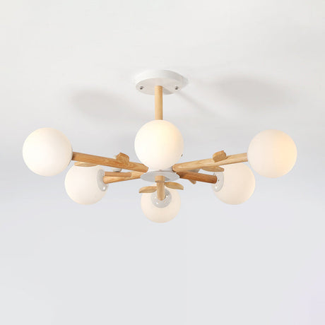 Nordic Wood Radial Chandelier With White Glass Shade And Bird Decor - Perfect For Bedroom Semi-Mount
