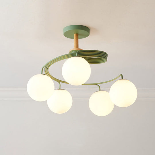 Nordic Iron Swirl Flush Chandelier With 5 Bulbs Grey/Green Semi Ceiling Light Featuring Orb Glass