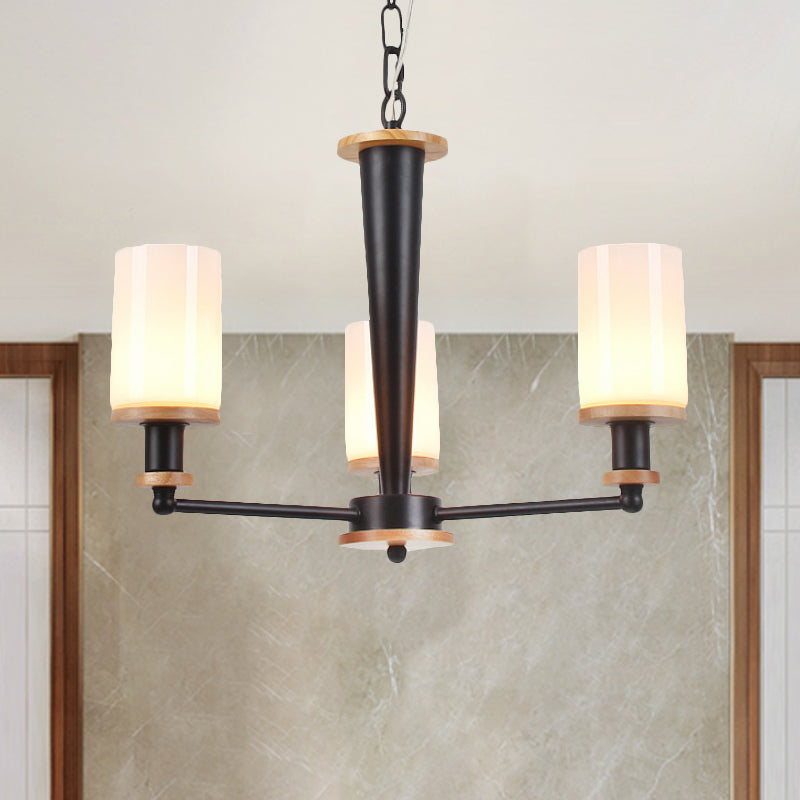 Mid-Century Opal Frosted Glass Chandelier - 3-Light Pendant Ceiling Light In Black