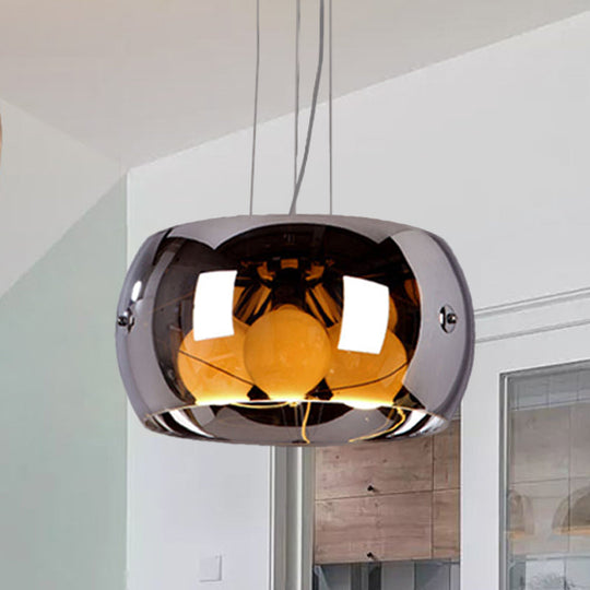 Lustre de salle à manger contemporain en chrome avec abat-jour en verre miroir à tambour - Suspension à 3 ampoules