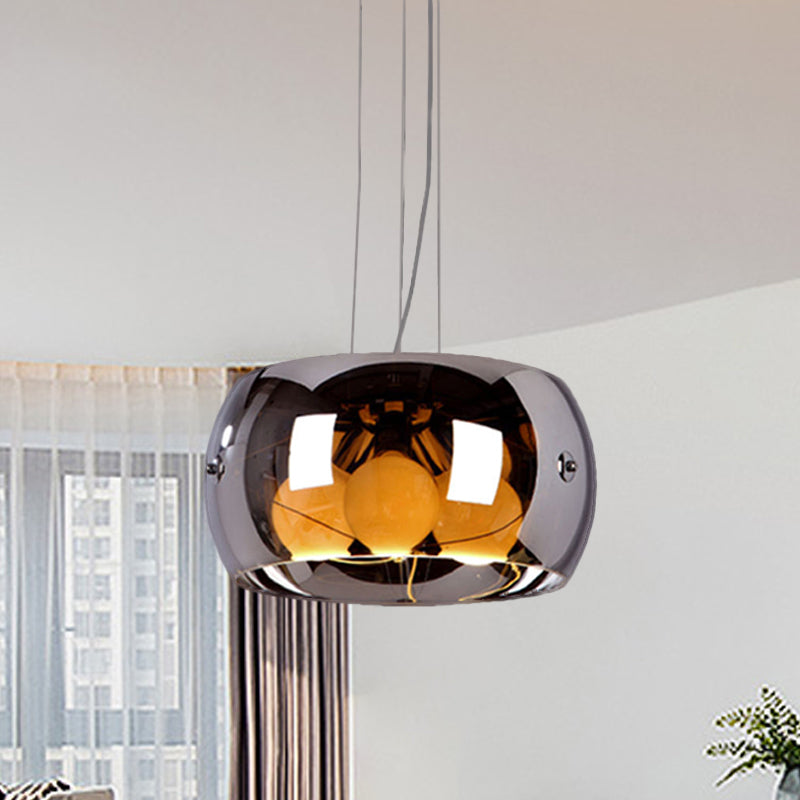 Lustre de salle à manger contemporain en chrome avec abat-jour en verre miroir à tambour - Suspension à 3 ampoules