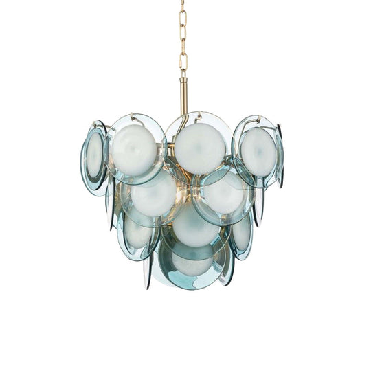 Mid Century 3-Tiered Blue Glass Chandelier - 7-Light Pendant Ceiling Light For Living Room