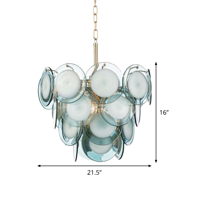 Mid Century 3-Tiered Blue Glass Chandelier - 7-Light Pendant Ceiling Light For Living Room