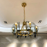 Mid-Century Curved Glass Chandelier Lamp - 6/8-Bulb Gold Hanging Light Fixture With Open Bulb Design