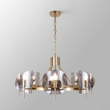 Mid-Century Curved Glass Chandelier Lamp - 6/8-Bulb Gold Hanging Light Fixture With Open Bulb Design