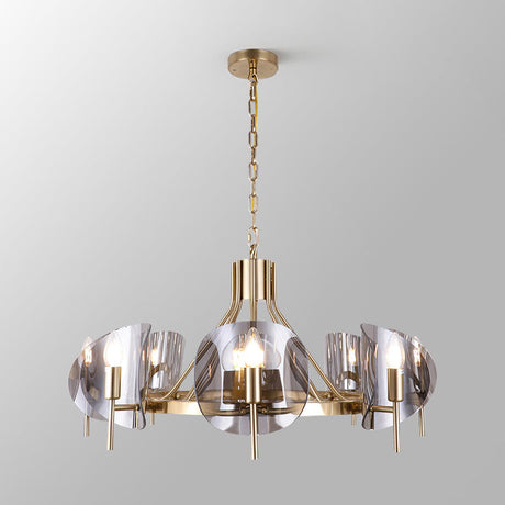 Mid-Century Curved Glass Chandelier Lamp - 6/8-Bulb Gold Hanging Light Fixture With Open Bulb Design