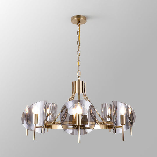 Mid-Century Curved Glass Chandelier Lamp - 6/8-Bulb Gold Hanging Light Fixture With Open Bulb Design