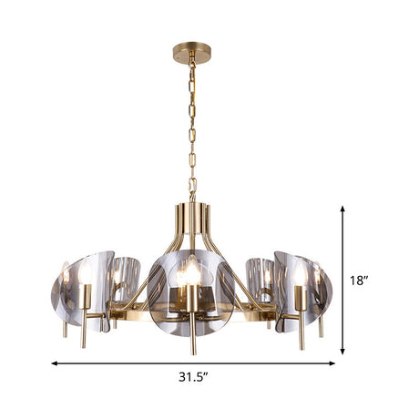 Mid-Century Curved Glass Chandelier Lamp - 6/8-Bulb Gold Hanging Light Fixture With Open Bulb Design