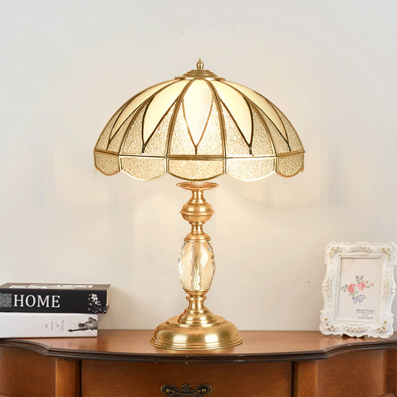 Gold Colonial Style Bedside Lamp With Beige Glass Dome - 12/16 Wide Nightstand Light / 16