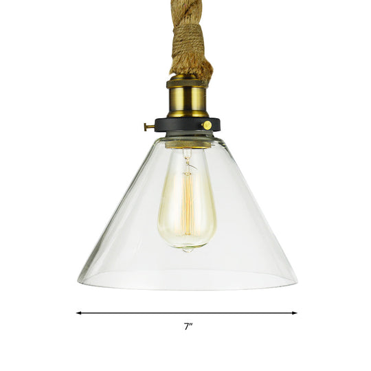 Brass Adjustable Rope Cone Pendant Light With Clear Glass - Industrial Style