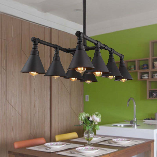 Vintage Style Black Metal Island Chandelier With 8-Light Cone Pendant