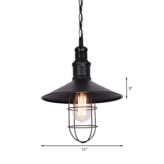 Conic Shade Suspension Light With Wire Guard - Nautical Black Metal Pendant Lighting For Indoor Use