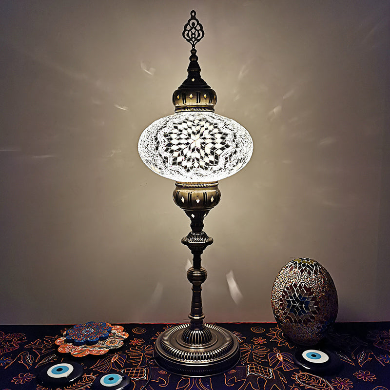 Traditional Stained Glass Bedside Floor Lamp - Elliptical Design White/Beige/Red 1 Head Standing