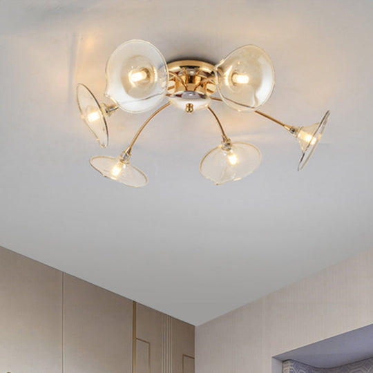 Nordic Gold 6-Light Semi-Flush Ceiling Lamp With Trumpet Glass Shade For Dining Rooms