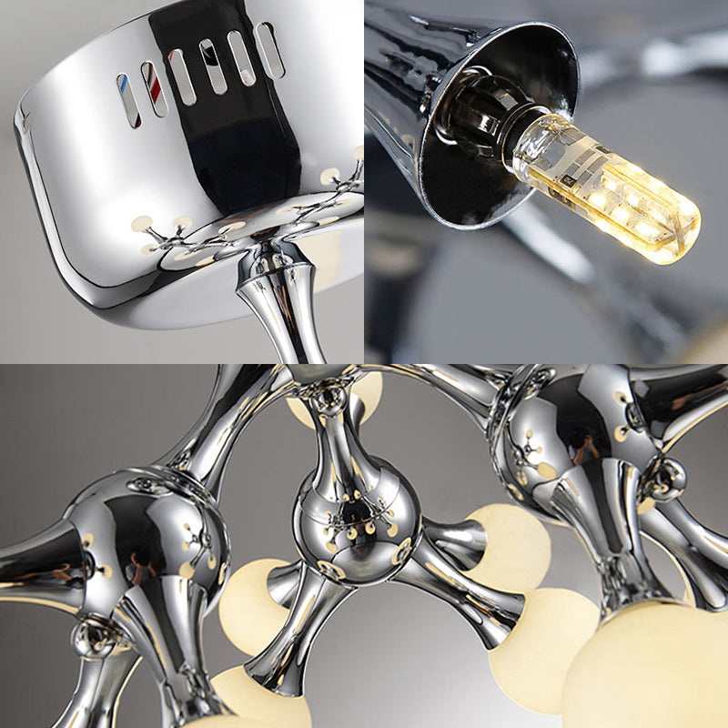 Nordic Metal 15 Bulb Silver Ceiling Mount Chandelier: Semi Flush Light For Living Room