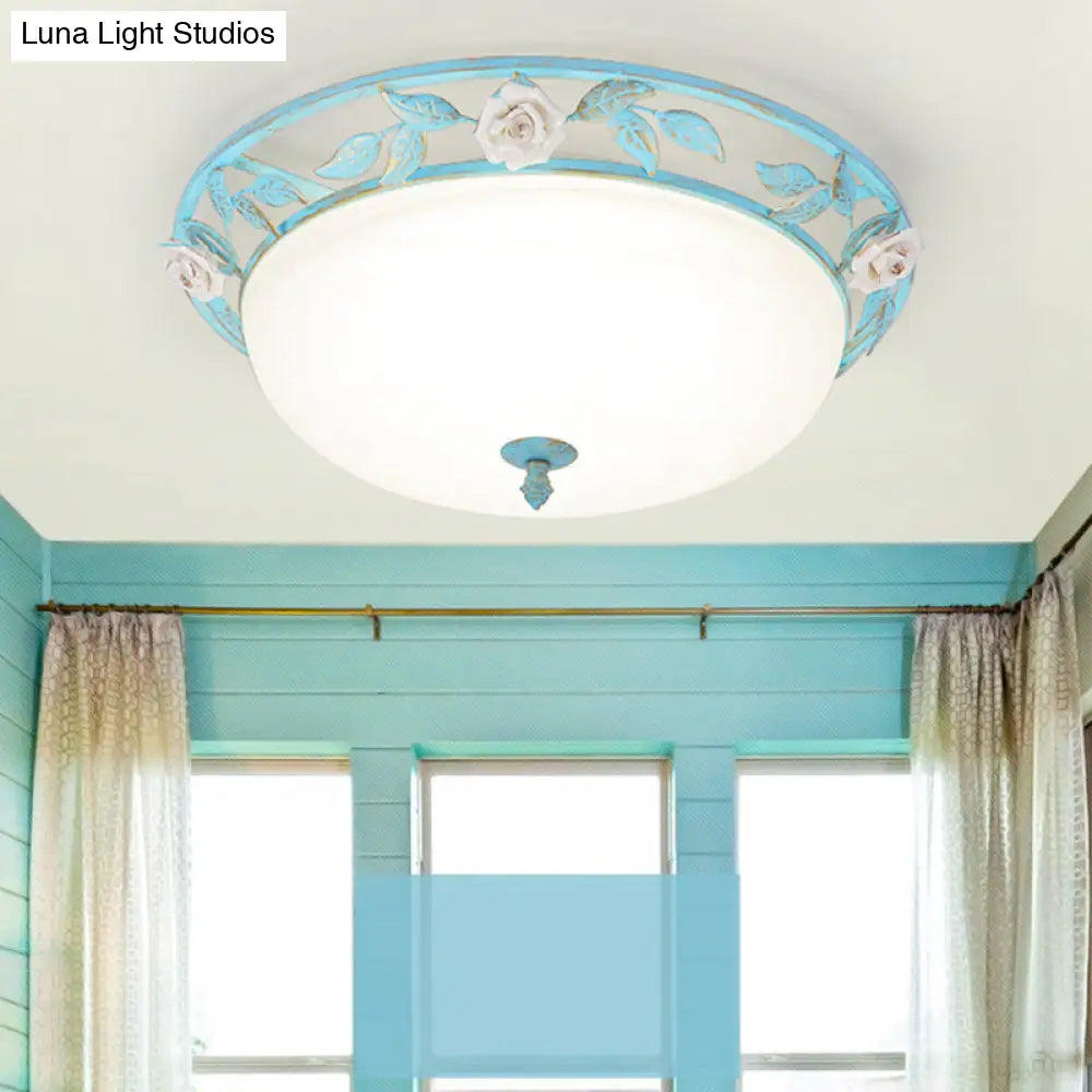 15’/19’ Korean Flower Metal Bowl Ceiling Light - 1 Head Flush Mount Fixture In Pink/Blue/Green