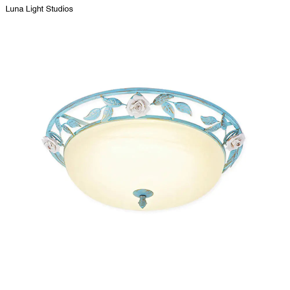 15/19 Korean Flower Metal Bowl Ceiling Light - 1 Head Flush Mount Fixture In Pink/Blue/Green