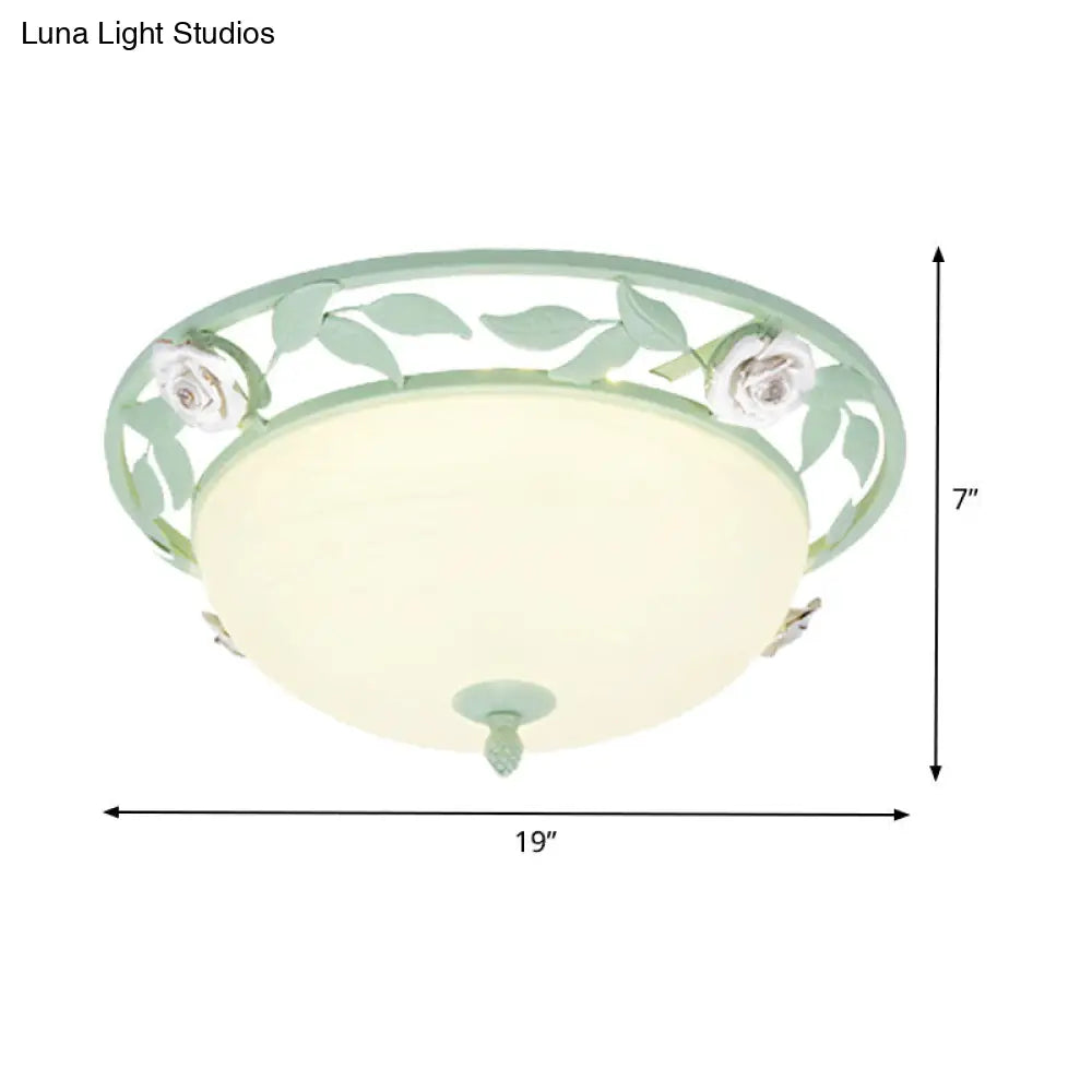 15/19 Korean Flower Metal Bowl Ceiling Light - 1 Head Flush Mount Fixture In Pink/Blue/Green