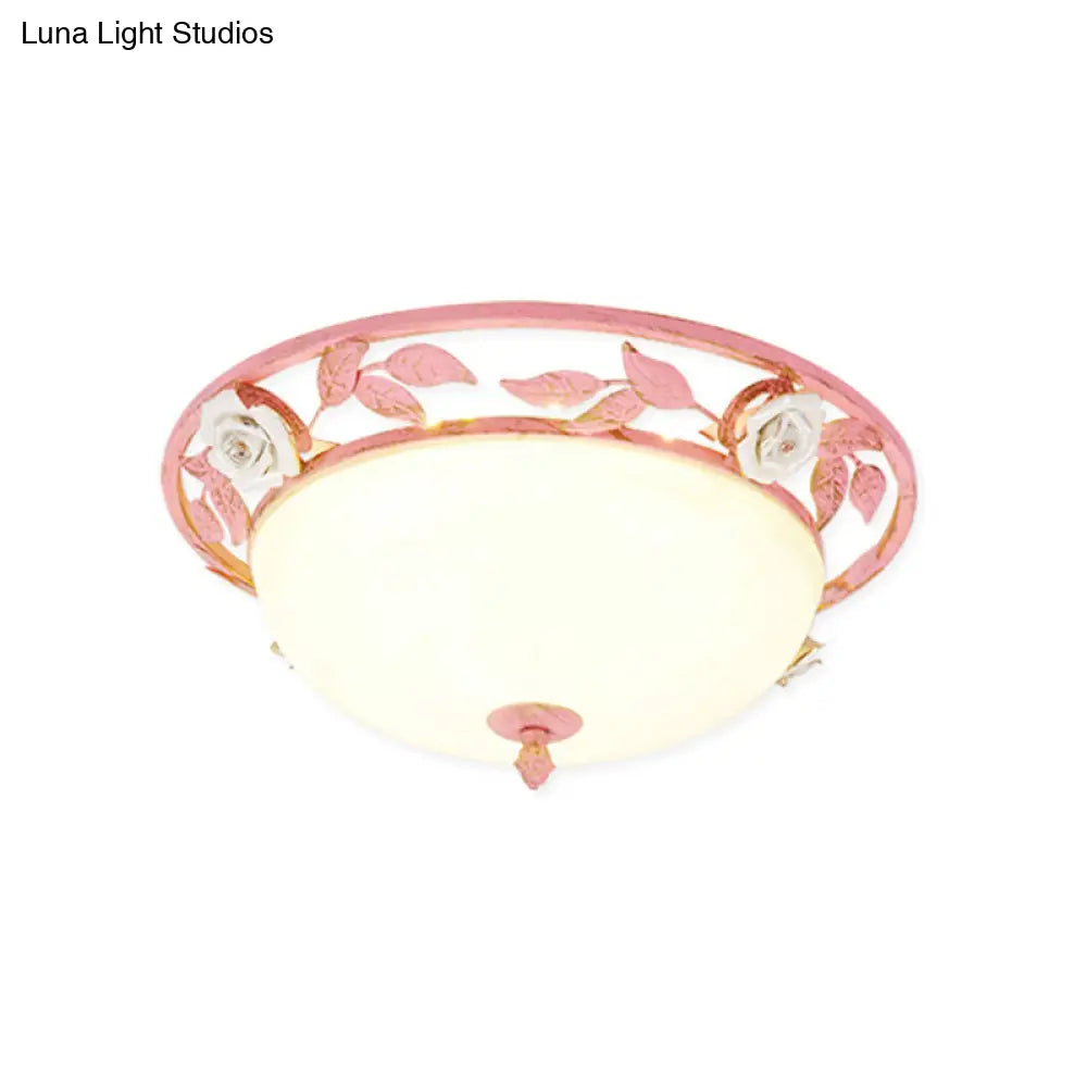15/19 Korean Flower Metal Bowl Ceiling Light - 1 Head Flush Mount Fixture In Pink/Blue/Green