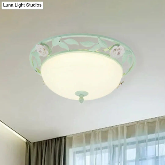 15/19 Korean Flower Metal Bowl Ceiling Light - 1 Head Flush Mount Fixture In Pink/Blue/Green Green /