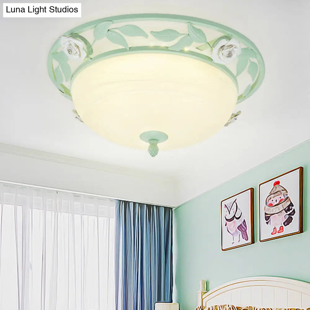15/19 Korean Flower Metal Bowl Ceiling Light - 1 Head Flush Mount Fixture In Pink/Blue/Green