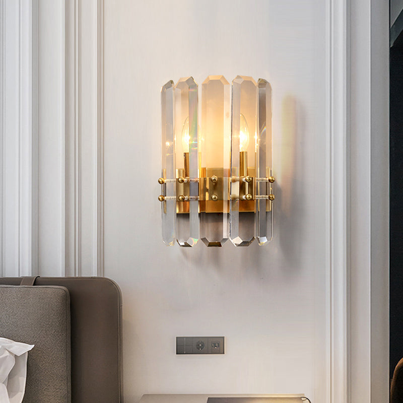 Modern Gold Crystal Flush Wall Sconce: Half-Cylinder Rectangle-Cut Lamp With 2 Lights For Hallways
