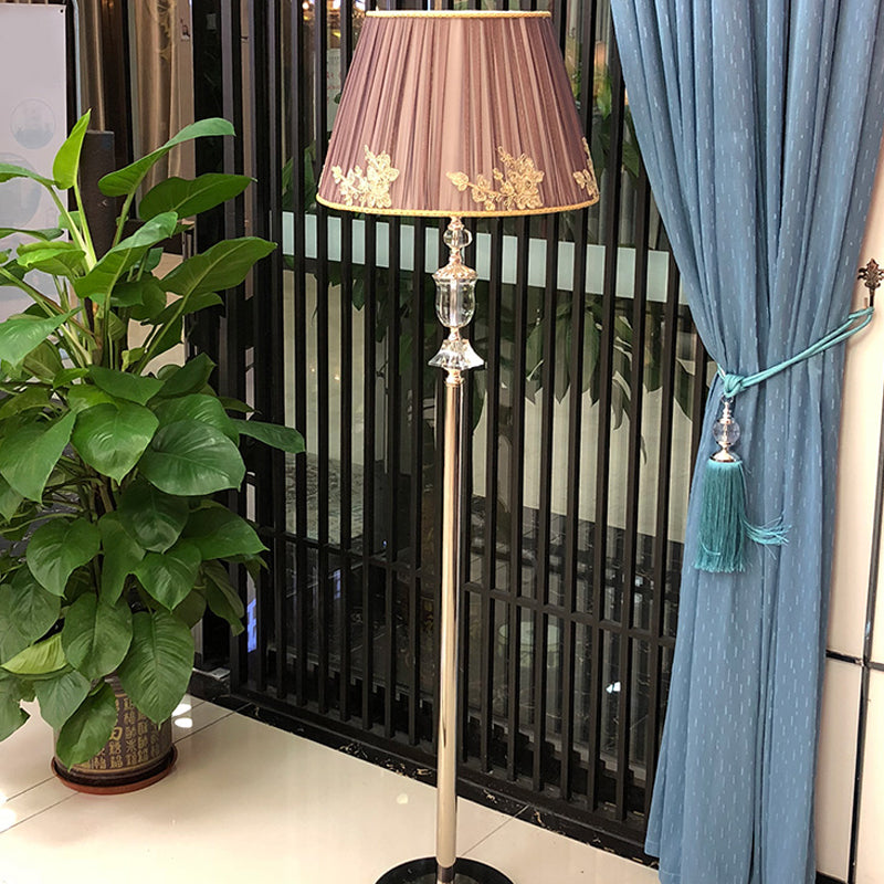 Clear Crystal Floor Lamp - Minimalistic Champagne Stand Up Light With Fabric Shade