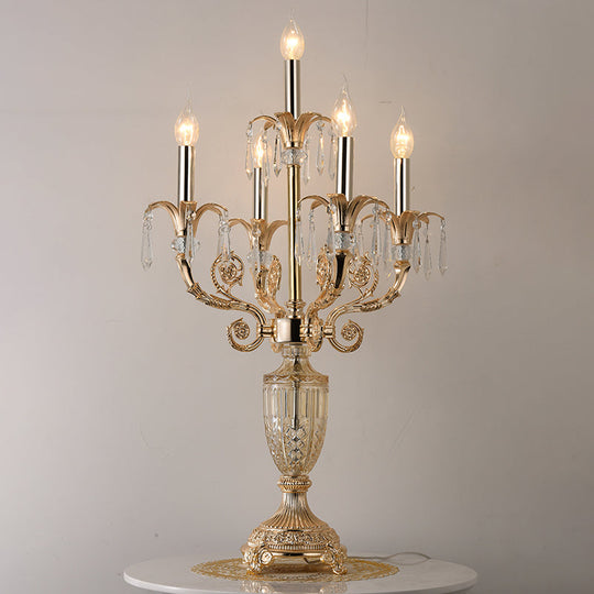 Traditional Gold Candlestick Table Lamp With Crystal Spears And Optional Fabric Bell Shade - Set Of