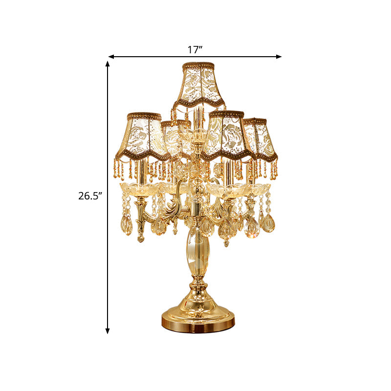Traditional Gold Crystal Draping Table Lamp With Peony-Patterned Shade - 5 Heads Candle Nightstand