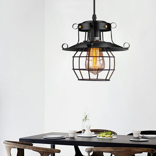 Farmhouse Metal Pendant Light - Wire Cage Dining Room Hanging Kit 1-Light Black Finish