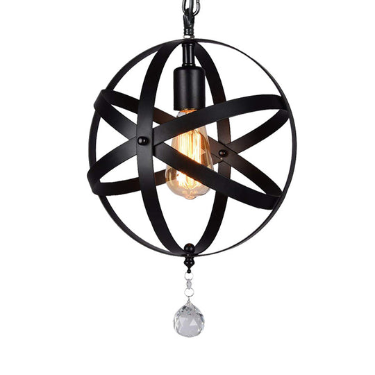 One Light Strap Globe Pendant Industrial Black Metal Ceiling With/Without Crystal Ball