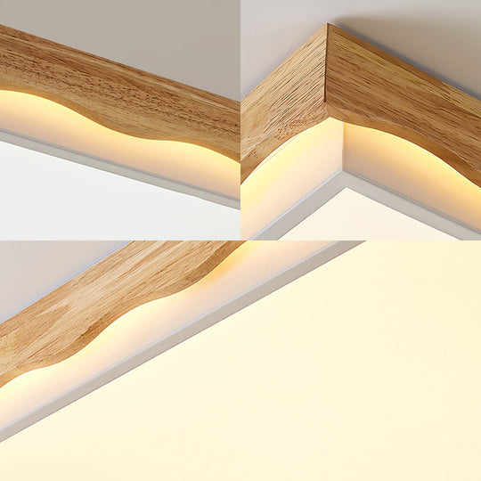 Minimalist Wood Beige Led Ceiling Light For Bedroom - Rectangular/Square Shapes In White/Warm With