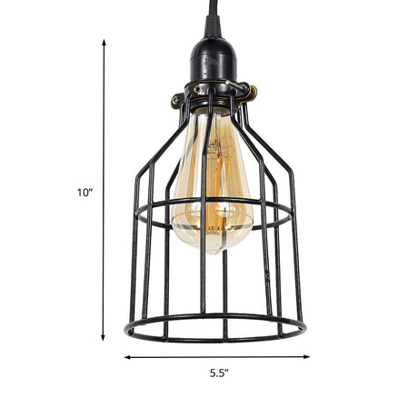 Vintage Black Metal Hanging Lamp With Single Light Cage Shade - Perfect For Coffee Shops