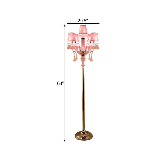 Pleated Lampshade Crystal Pink Floor Reading Lamp With Traditional Candlestick Design - 5/6/7-Head
