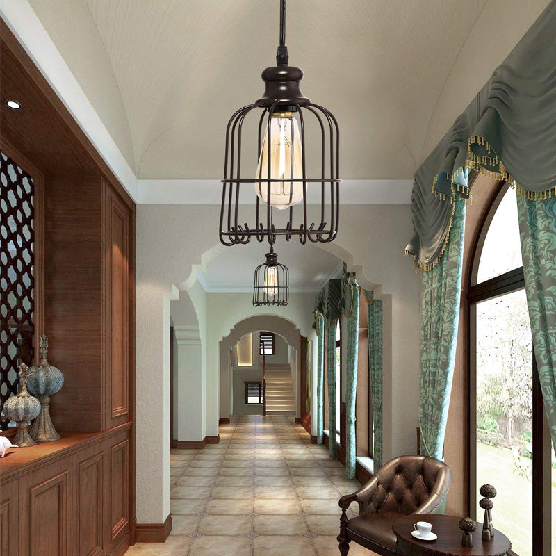Industrial Glass Single Light Pendant Ceiling With Cage - Black Cylinder Design For Dining Room