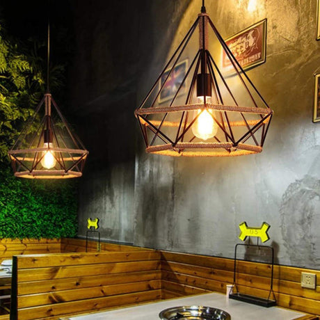 Vintage Metal And Rope 1-Light Black Diamond Pendant Ceiling Lamp With Cage For Coffee Shop
