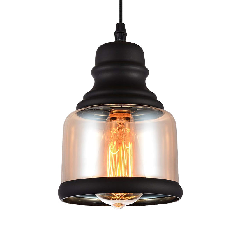 Black Industrial Cylinder Pendant Lighting - Clear Glass Hanging Light For Living Room