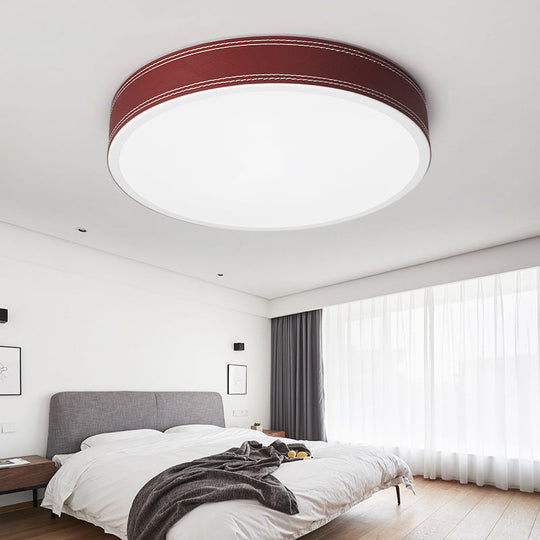 Nordic Led Disk Ceiling Light – Red/Blue/Green Leather Flush Mount For Bedroom Warm/White
