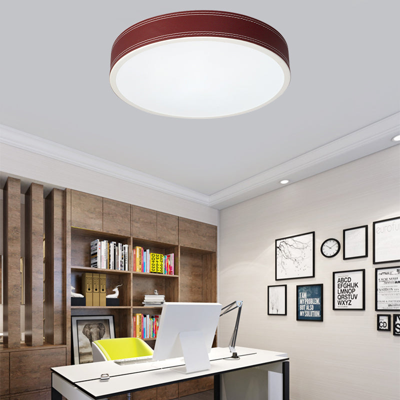 Nordic Led Disk Ceiling Light Red/Blue/Green Leather Flush Mount For Bedroom Warm/White 12/16/19.5