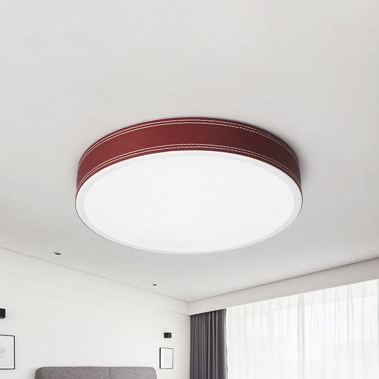 Nordic Led Disk Ceiling Light Red/Blue/Green Leather Flush Mount For Bedroom Warm/White 12/16/19.5