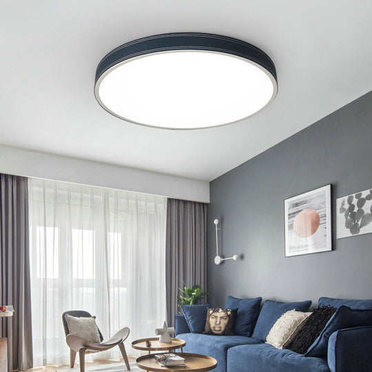 Nordic Led Disk Ceiling Light Red/Blue/Green Leather Flush Mount For Bedroom Warm/White 12/16/19.5