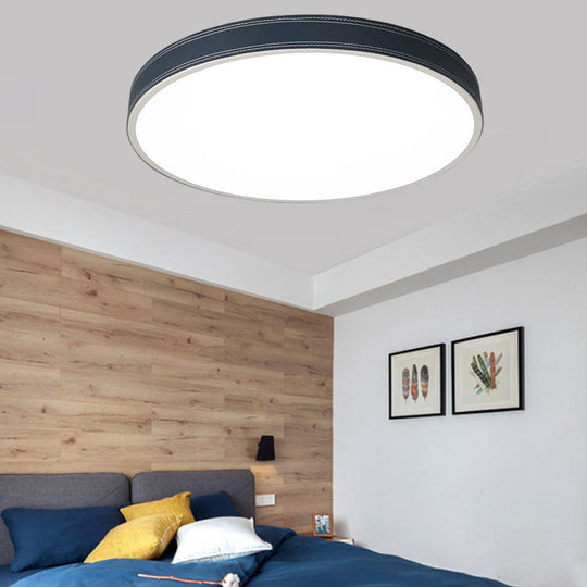 Nordic Led Disk Ceiling Light Red/Blue/Green Leather Flush Mount For Bedroom Warm/White 12/16/19.5
