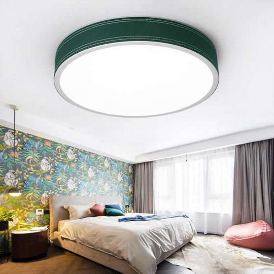 Nordic Led Disk Ceiling Light – Red/Blue/Green Leather Flush Mount For Bedroom Warm/White