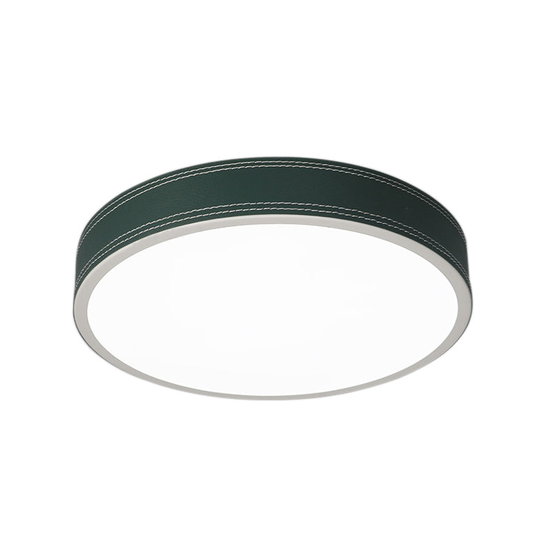 Nordic Led Disk Ceiling Light Red/Blue/Green Leather Flush Mount For Bedroom Warm/White 12/16/19.5