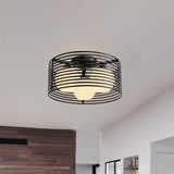 Nordic Metal 3-Light Semi Flush Mount Lamp With Round Iron Cage For Bedroom Ceiling - Black/White